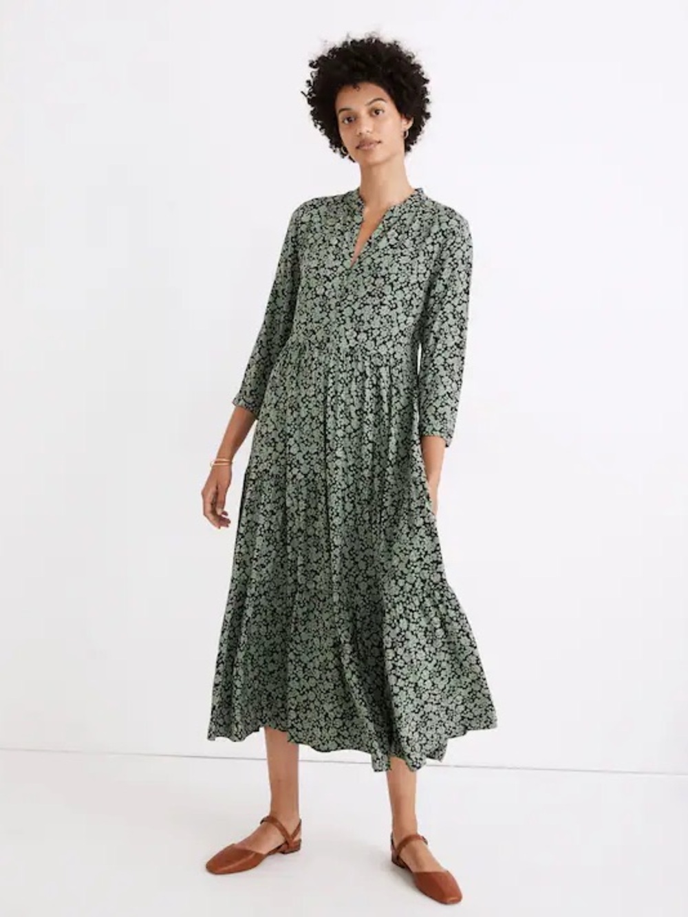 Madewell Fleur Field Button Front Tiered Midi Dress Floral Green Viscose S
